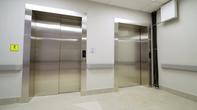New stainless steel lift entrances stand inside empty institutional corridor. Bright ceiling lamps illuminate spacious minimalist setting