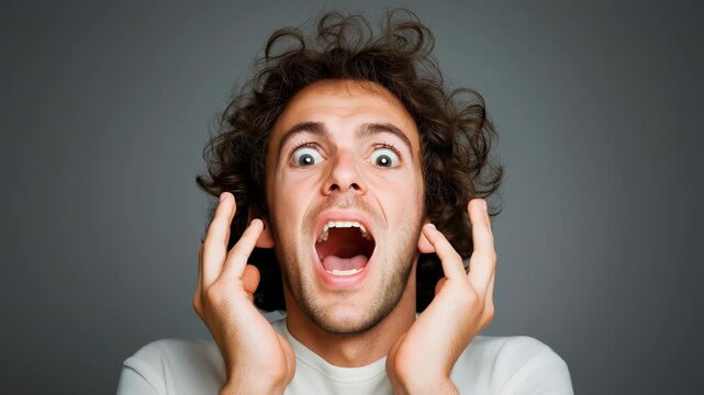 Young man showing expressions of shock and surprise on gray background
