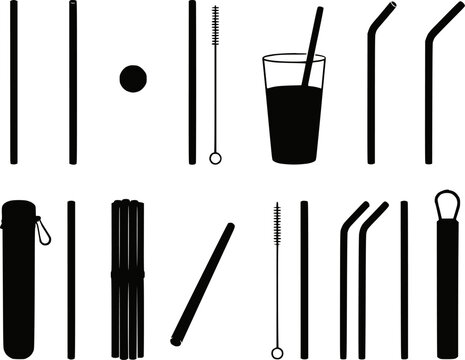 Reusable Metal Straw Cleaning Brush Carrying Case Silhouettes Vector Set Isolated