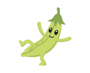Fototapeta premium Dancing Pea Pod Character: A cheerful, anthropomorphic pea pod with a smiling face and arms and legs strikes a lively dance pose, radiating playful energy.