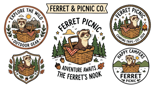 Set of vintage style camping badges with cute ferrets in picnic baskets.