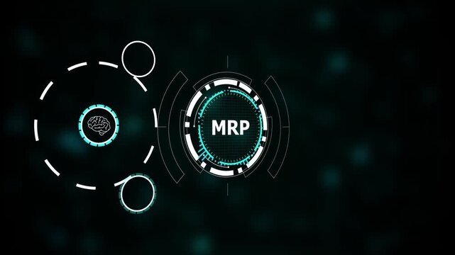 MRP technology interface with futuristic HUD design. MRP dashboard for materials planning, inventory control, and production scheduling. Modern MRP system visualization interface.