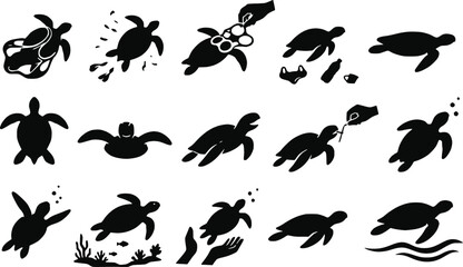 Sea Turtle Marine Animal Plastic Pollution Conservation Silhouettes Vector Set Isolated © raccoontail
