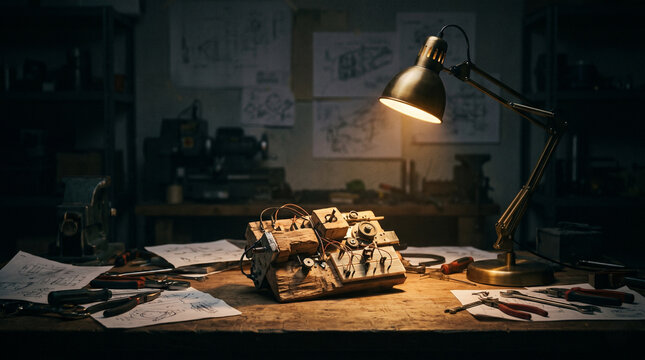 Complex electronic prototype on a messy workbench illuminated by a desk lamp