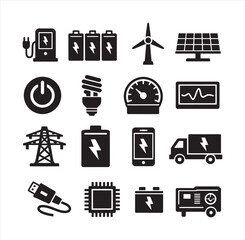 Fototapeta premium Energy power and electricity technology solid icons set for renewable resources and utility systems. Transparent vector icons