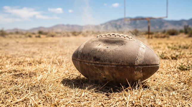Deflated American Football on Dry Withered Grass Field with Goal Post Under Hot Sun Climate Change