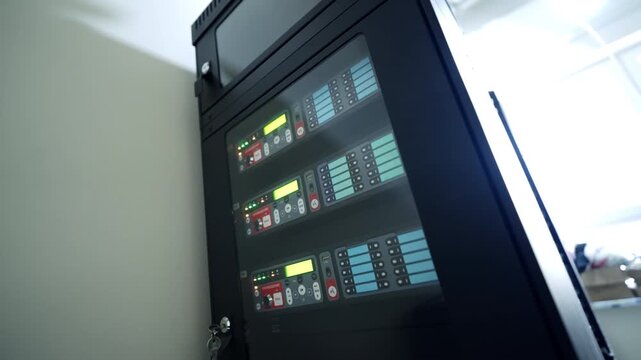 Modern telecommunication rack enclosure stands locked inside empty server room. Minimalist wall backdrop creates professional quiet feeling