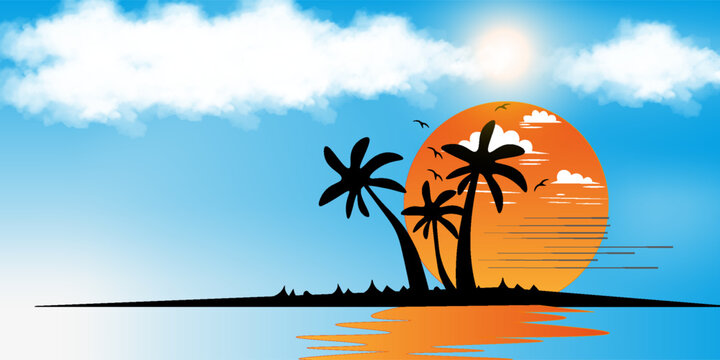 Sunset beach view. Beautiful sunset on a paradise beach with palm trees and a stunning sky. Vector illustration of a sunset on a seashore.