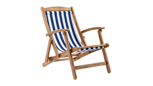 Wooden folding beach chair with blue striped fabric isolated on white background