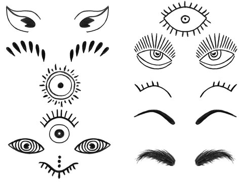 Hand drawn whimsical elements set with faces, eyes, and crowns.