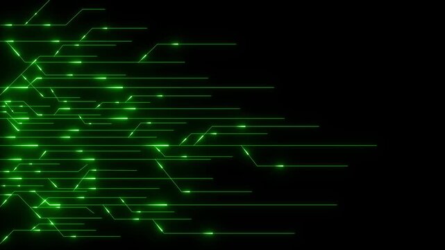 Abstract green glowing lines with arrowheads moving right on black background , Modern energy flow and virtual circuit pattern, High-speed information stream and innovation design.