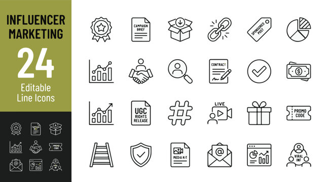 Influencer Marketing Icon Set, Digital Brand Strategy, Social Media Growth, Business Partnership, Content Creator Campaign Brief, UGC Rights Release, Media Kit, Sponsored Post, Shopify, SaaS
