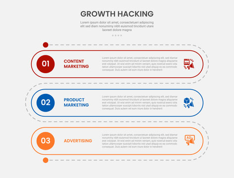 Growth hacking infographic outline style with 3 point template with round rectangle vertical roadway for slide presentation