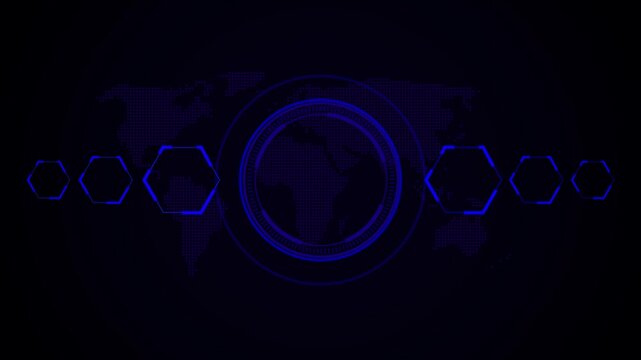 Futuristic digital world map interface with glowing data network connections background, Futuristic digital world map interface with glowing blue hexagons and circular H U D elements .