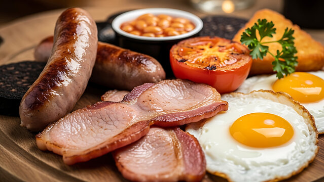Full English Breakfast Platter: Bacon, Eggs, Sausages, Beans, Black Pudding