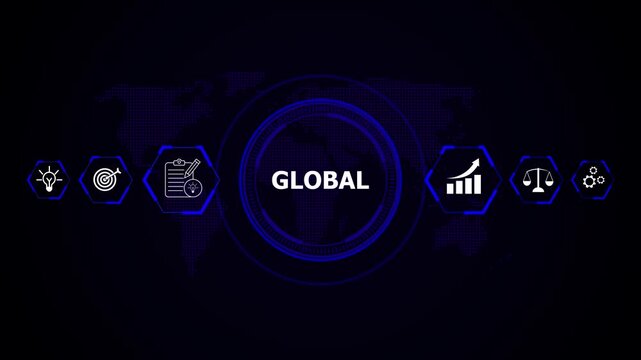 Digital global network concept with icons representing ideas strategy planning growth , Global digital networks connect ideas and innovation. Futuristic data drives corporate success.
