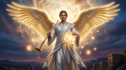 Obraz premium Archangel Gabriel Divine Messenger with Golden Wings Holding Trumpet and Glowing Scroll in Dramatic Sky
