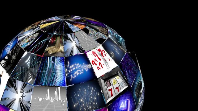 Spinning Media Ball with Many Video Loops - 3d 4k animation (3840 x 2160 px)