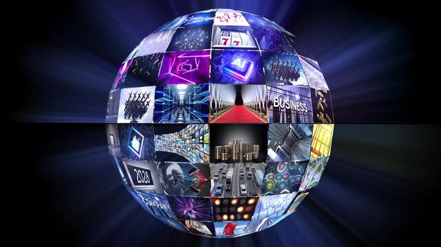 Rotating Globe Sphere Made of Video Loops with Light Rays - 3d 4k animation (3840 x 2160 px)
