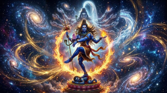 Hindu Deity Shiva Performing Cosmic Nataraja Dance of Creation and Destruction with Multiple Arms and Galaxies