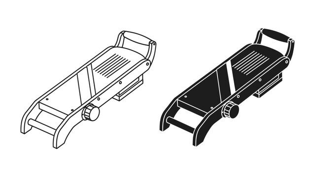 Mandoline Slicer in Black and White: A detailed line drawing showcases a mandoline slicer, presented in both a stark black silhouette and a crisp white outline.