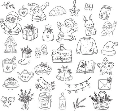 Hand Drawn Christmas Doodle Vector Set with Santa and Holiday Elements