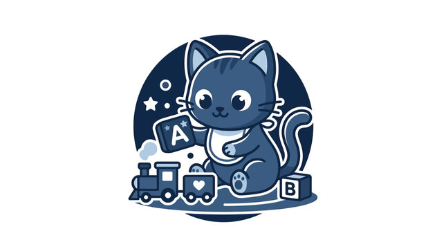 Cute cartoon cat playing with toy train and alphabet blocks, learning concept