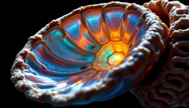 The image features a close up of a colorful, iridescent seashell with a spiral shape, revealing vibrant hues of blue, orange, and green