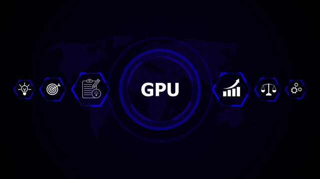 Digital GPUs power global data networks. Innovation and research drive growth and progress.Abstract technology icons illustrate strategy and finance. Science and development shape success.