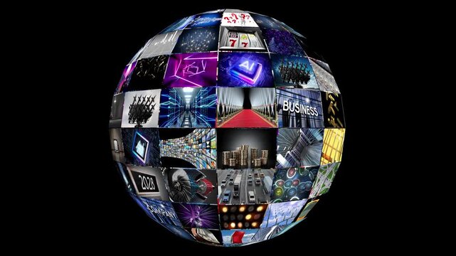 Rotating Globe Sphere Made of Video Loops - 3d 4k animation (3840 x 2160 px)