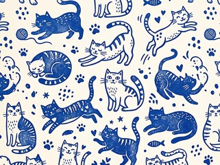 Fototapeta premium Seamless Pattern of Playful Blue Cats Featuring Whimsical Feline Illustrations and Cute Kittens for Textile Design and Decorative Wallpaper Backgrounds
