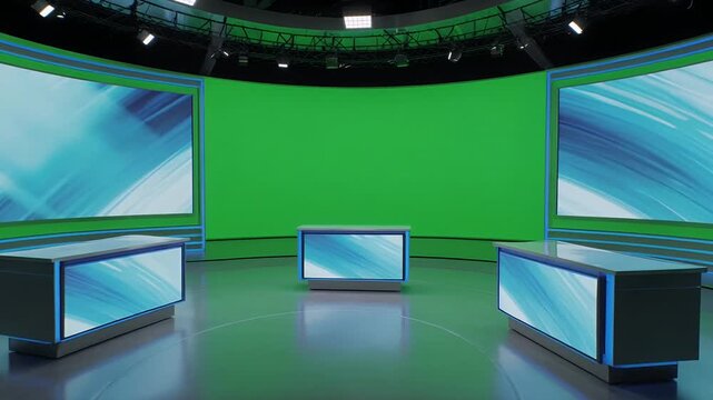 Virtual News Studio Set with Green Screen Background and Lighted Desks