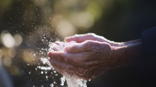 Hands wash with soap in water during daytime in an outdoor setting on a sunny day with blurred background