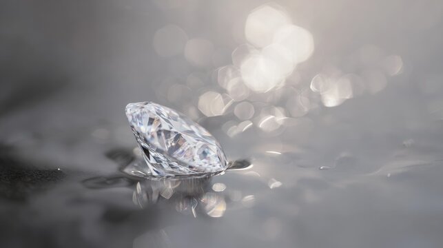Sparkling diamond resting on a smooth surface with a blurred background of light
