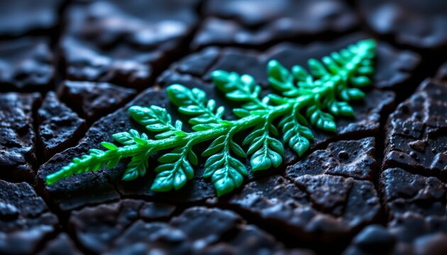 A bright green plastic fern like leaf lies prominently on a dark, cracked surface that appears to be charred or burnt