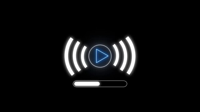 Glowing blue play button icon with progress bar on black background abstract interface element, Play button and digital media interface concept, Glowing blue neon control and video streaming.