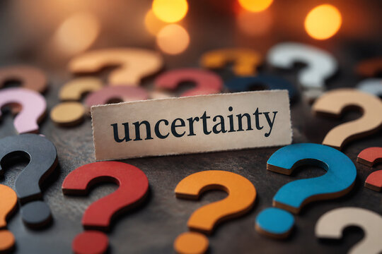 A close-up of question marks and a small note reading uncertainty on a dark surface.
