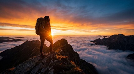Fototapeta premium A lone hiker with a backpack stands on a majestic mountain peak, gazing at the breathtaking golden sunset over a sea of clouds, embodying adventure and freedom.