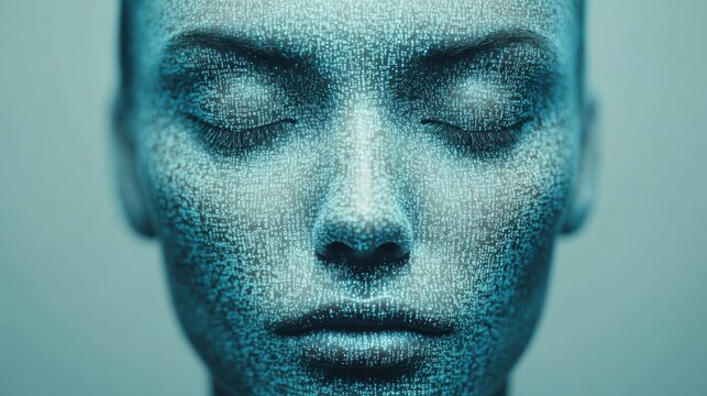 A close-up of a serene face entirely formed from binary code, highlighting modern digital artistry and technology