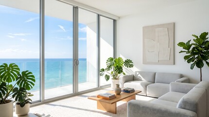 Fototapeta premium Modern Living Room With Ocean View Sliding Doors