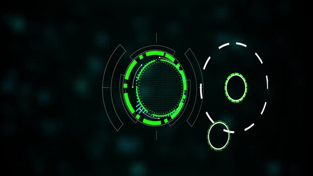 Futuristic digital interface element with glowing green circular H U D display and grid pattern, Futuristic digital and HUD technology concept, Glowing data network and cyber innovation.