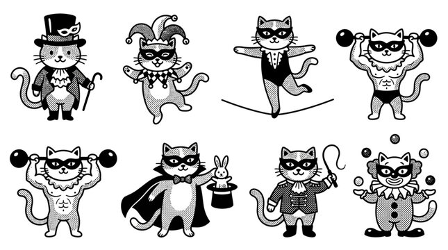 Circus Cats Collection: Performers, Magician, Strongman & Juggler - Vector Art