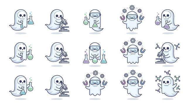 Cute ghost scientists conducting experiments with beakers and microscopes.