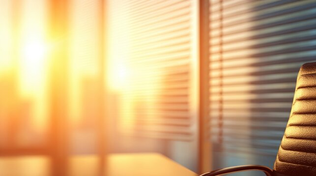 Sunset light enters office with empty chair and city view in background
