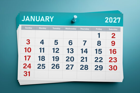 January 2027 calendar page with a pin on a blue background. Concept of new year planning, scheduling appointments, business timeline, and time management goals. 3D illustration