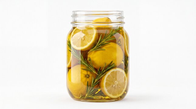 Preserved meyer lemons with rosemary and olive oil in a glass jar isolated on white background