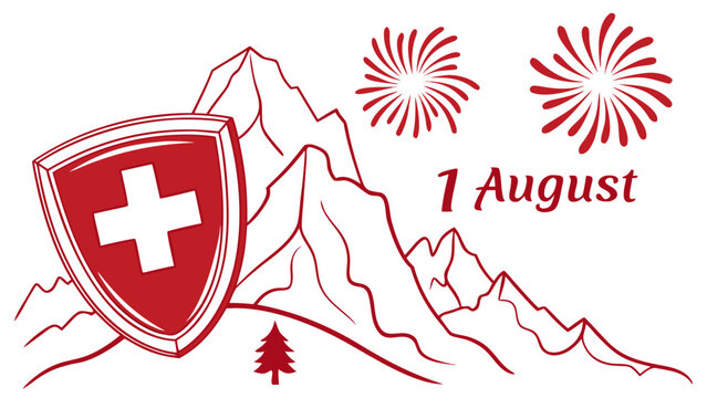 Swiss national day illustration with shield mountains fireworks and august first celebration on white background