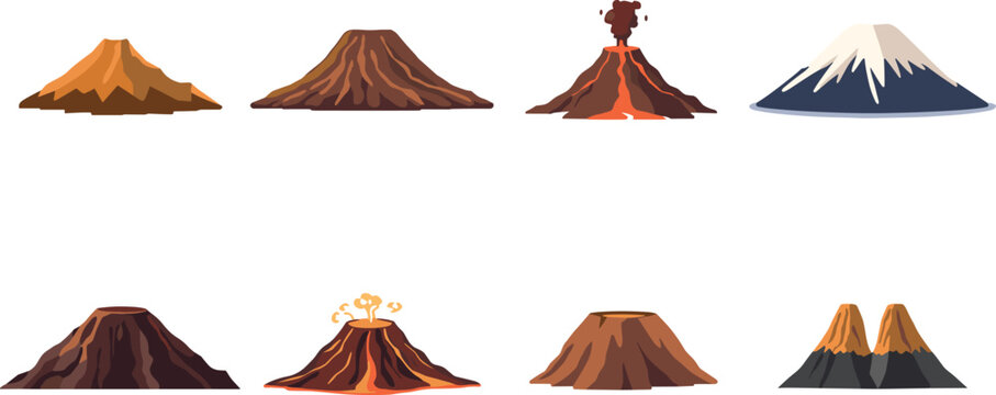 Volcano Mountain Flat Vector Icon Collection Featuring Active Dormant Erupting and Snow Capped Volcanic Landscape Illustrations