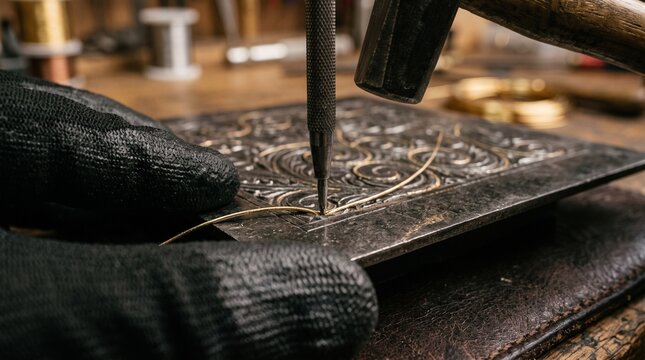 Artisan hands in black gloves using a hammer and punch to inlay gold wire into an engraved metal plate. Damascene technique, fine metalwork, traditional craftsmanship.