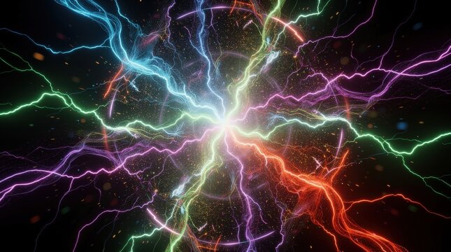 Colorful electric arcs radiate from a central point, creating a vibrant, dynamic pattern of energy and light against a dark background.